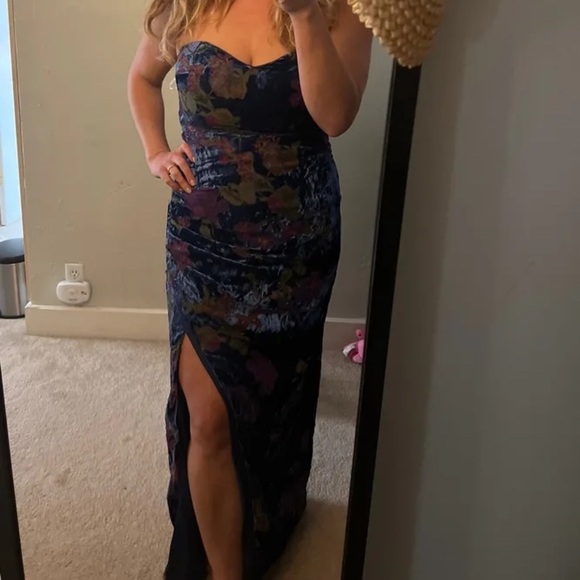 Exquisite Blue Floral Burnout Velvet Strapless Maxi Dress - Picture 4 of 10